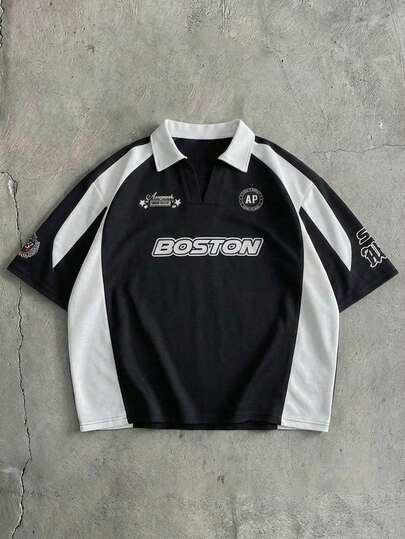  AXEPEAK 休闲运动棒球 Polo 衫，字母印花，撞色拼接，短袖，露脐款，男士