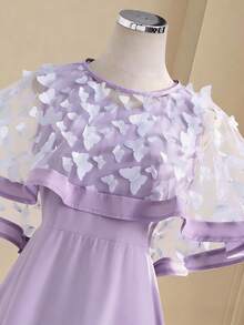 SHEIN 少女优雅派对3D蝴蝶装饰网纱拼接连衣裙 - 紫色 - 查看 8