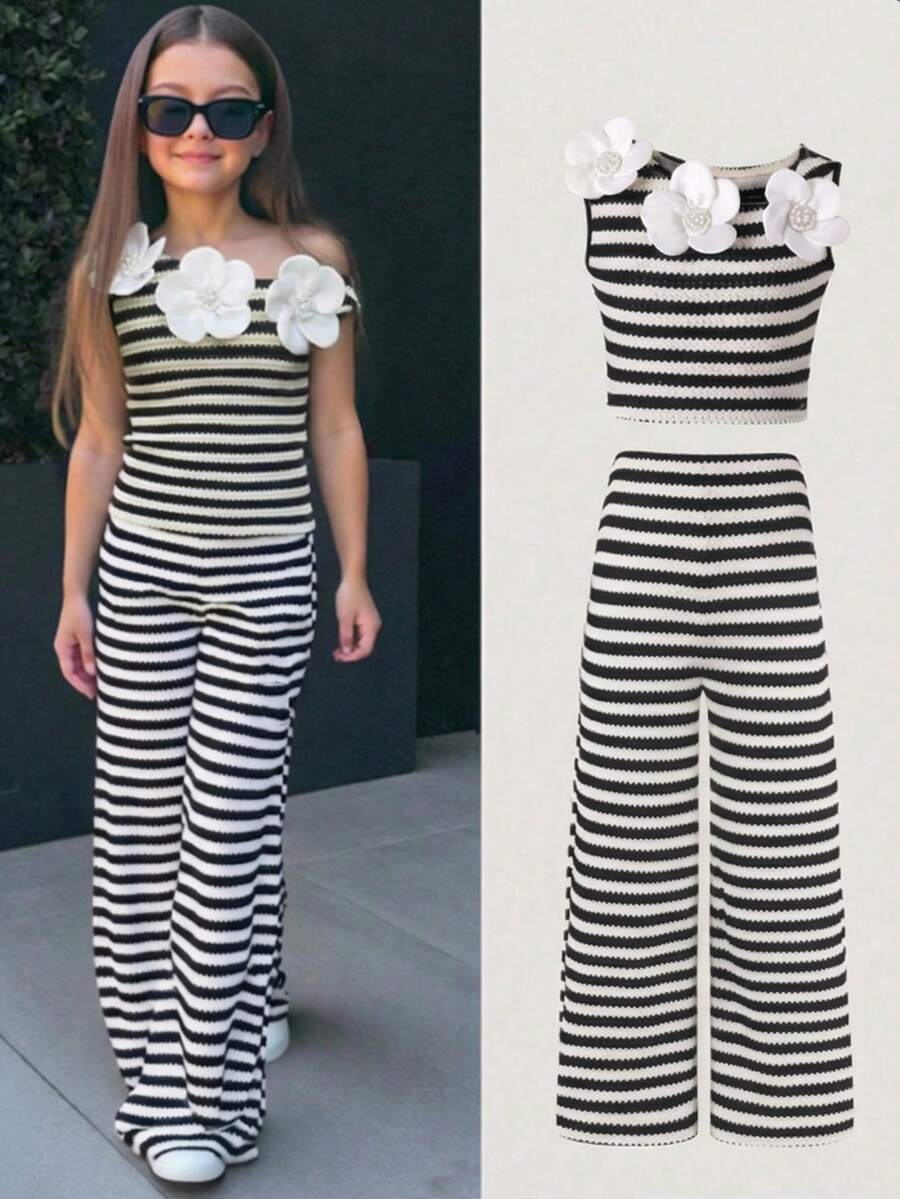 SHEIN 2pcs Tween Girl Knit Striped Asymmetric-Shoulder Floral Casual T-Shirt And Leggings Set Tween Jumpsuits For Girls Jumpsuit For 12 Years Old Girls Black And White Striped Jumpsuit Black And White Jumpsuit For Tweens Jumpsuit With Flower Embellishments Clothes For Girls 13 14 Ootd For Kids Girl 8 To12 Yrs Old Winter Clothes For Girls Girls Two Piece Outfits Girls Clothes Co Ord Two Piece Set For Teenage Girls 13 Year Old Girl Clothes Sets - Black and White - View 1