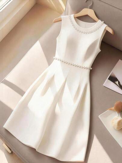 Franclia Women's Solid Color French Pearl Collar Sleeveless Dress White Pearl Dress White Classy Dress Ivory Dress Cream Dress Pearl Embellished Dress Pearl Decorated Dress Pearl White Dress
