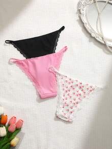 3pcs Lace Patchwork Floral Print Women's Briefs - Multicolor - View 2