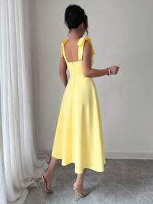 Elenzga 无袖系带收腰A字优雅浪漫女装 - 淡黃色 - 查看 2