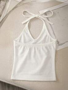Resyla Beaded Fashionable Minimalist Spaghetti Strap Tank Top, Gift For Friends - White - View 2