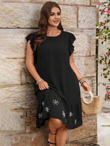 Cravure Plus Size Women Casual Ruffle Hem Short Dress With Flutter Sleeves Gym Brown Summer - Black - View 1