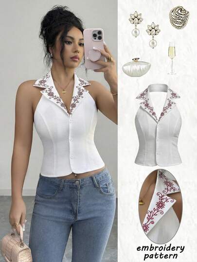 Elenzga Vintage Embroidered Sleeveless Blouse With Buttons, Casual Elegant Commuting Holiday For Women