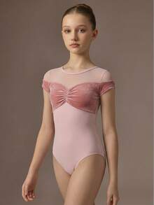 Tween Girls Elegant Pink Ballet Leotard, Featuring Soft Velvet Fabric And Silky Mesh Panels, Suitable For School, Professional Ballet, Gymnastics, Dance Studio Training - Coral Pink - View 4