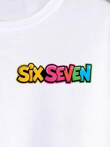 SHEIN Explorewe 男童春夏休闲时尚创意个性清新简约时尚数字67卡通酷炫图像音乐符号彩色字母标语印花舒适基础款短袖T恤，适合春、夏、秋季男童日常穿着。 - 白色 - 查看 4