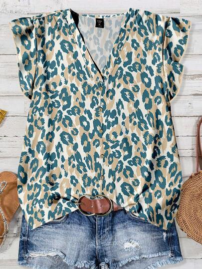 EMERY ROSE Plus Size Leopard Print Casual Shirt, Suitable For Summer