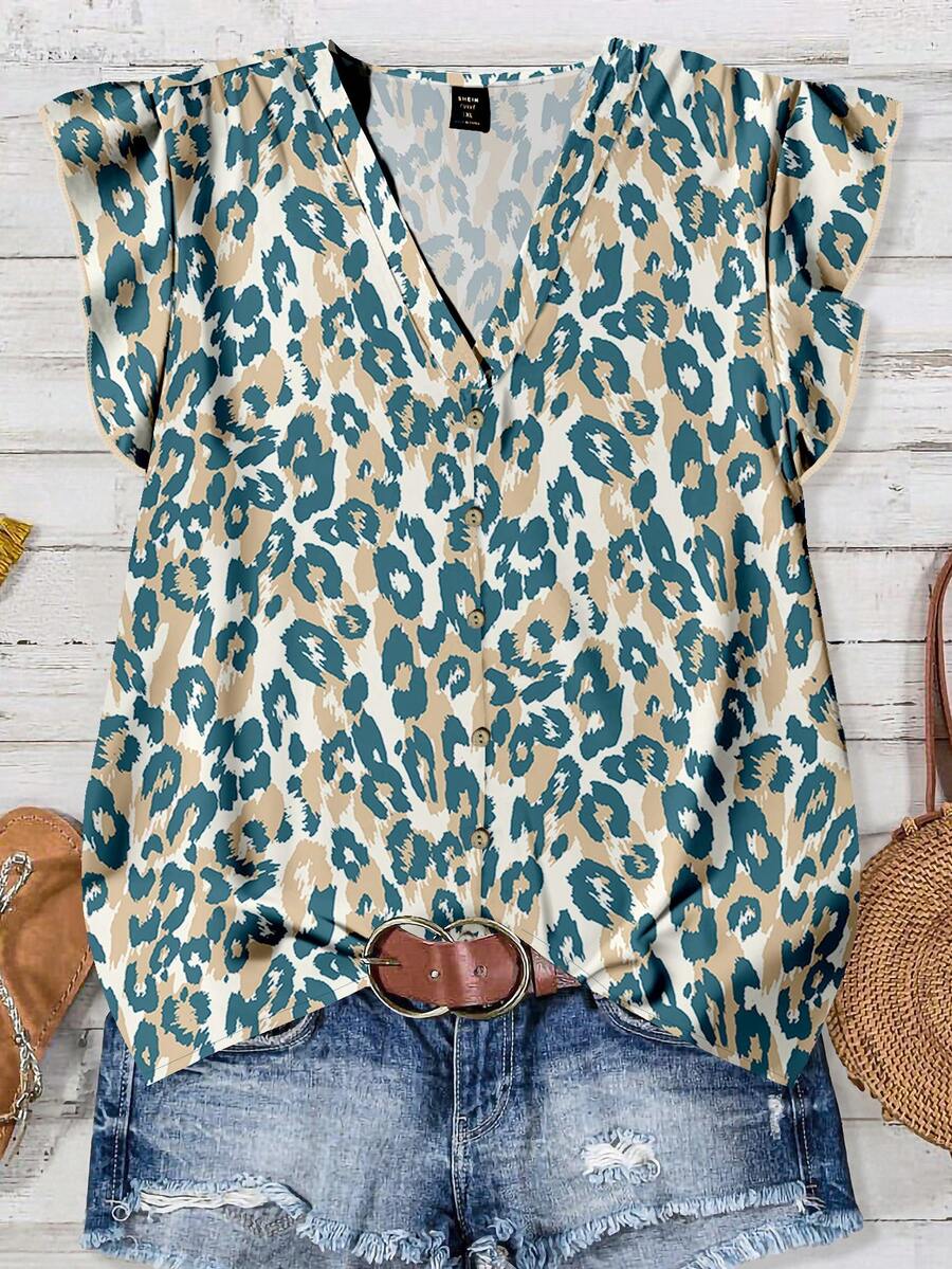 SHEIN LUNE Camisa casual de talla grande con estampado de leopardo, adecuada para el verano - Multicolor - Ver 1