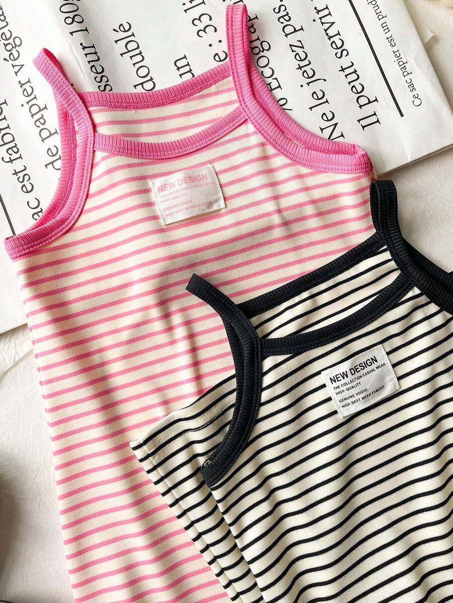 SHEIN Genkimix Kids 女童条纹吊带连衣裙，休闲时尚，质地柔软舒适 - 彩色 - 查看 1