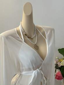 SuriyaCove 女士夏季沙滩度假系带长衬衫 - 白色 - 查看 4