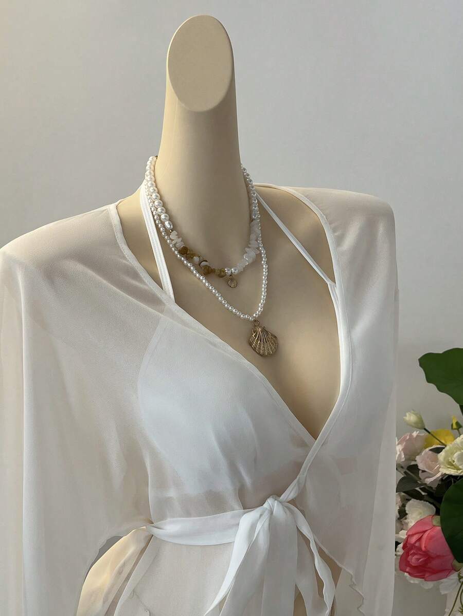 SuriyaCove Women's Summer Beach Vacation Tie-Up Long Shirt - White - View 1