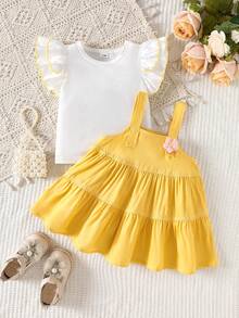 SHEIN Playful Pals 2026春夏柔软舒适面料时尚单品，SS26度假旅行必备，女童两件套休闲学院风短袖上衣和吊带裙套装，适合夏季度假穿着 - 黃色 - 查看 6