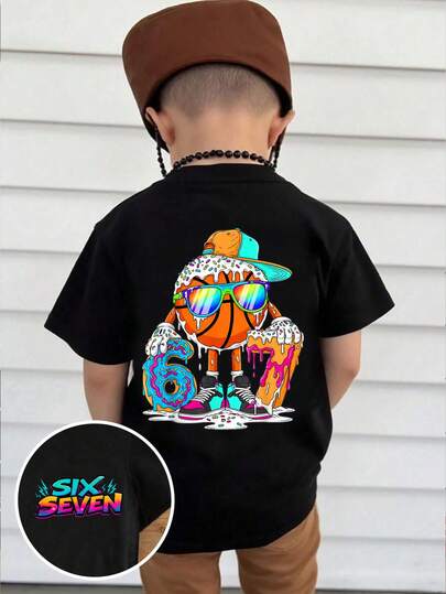 Toddler Boys' Casual Creative Graphic Tee, Featuring Digits, Basketball, Ice Cream, Donut, Colorful Sprinkles, Lightning Bolt, Letter Prints, Basic Black Short Sleeve T-Shirt, Comfortable Daily Wear For Spring, Summer, Autumn