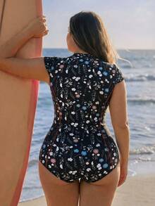 Swim SPRTY 大码女士夏季冲浪连体裤，碎花图案，前拉链，修身剪裁，显瘦，适合海滩、度假、冲浪、运动 - 黑色 - 查看 2