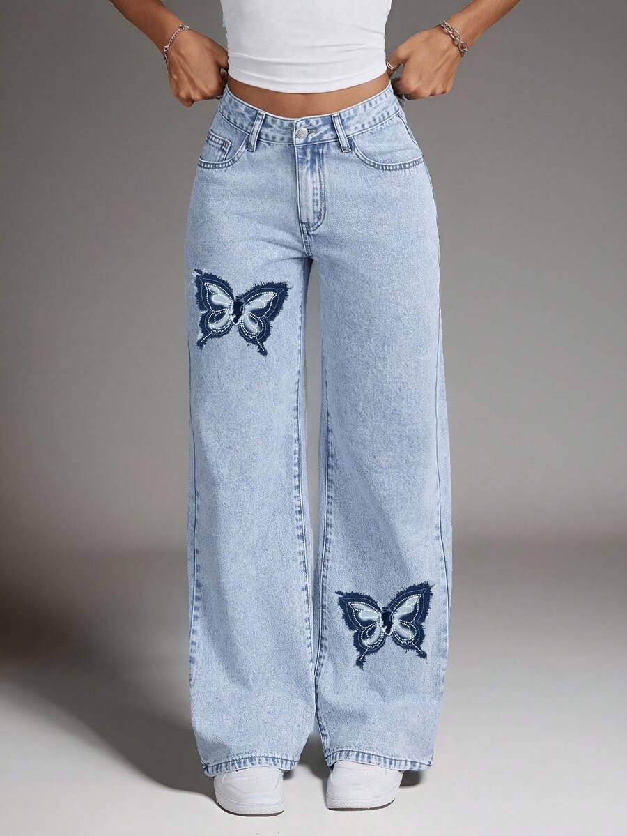 SHEIN EZwear Women's Butterfly Print Washed Low Waist Straight Leg Jeans - Light Wash - View 1