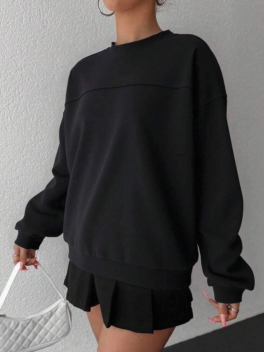 Women's Casual Green Long Sleeve Round Neck Drop Shoulder Pullover Sweatshirt, Ribbed Knit Detail - Black - View 1