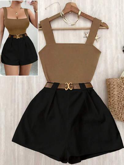 GlowEve Conjunto casual de vacaciones de 2 piezas para mujer con top ajustado de escote cuadrado en color marrón y shorts de pierna ancha elásticos en la cintura en color blanco, diseño elegante de moda francés primavera/verano 2026