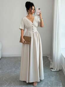 Elenzga 新款春夏休闲优雅V领蝙蝠袖褶皱松紧腰连衣裙 - 卡其色 - 查看 3