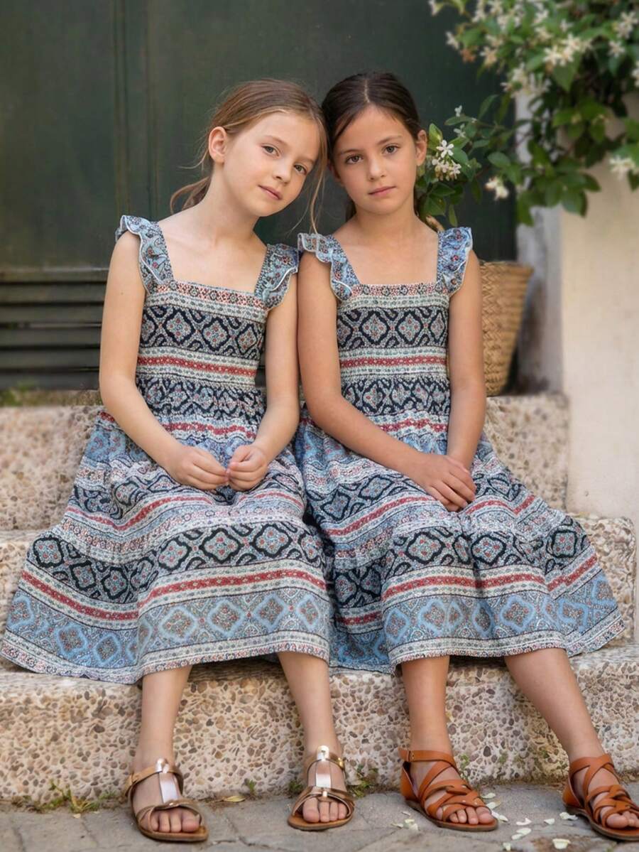 SHEIN Young Girl Woven Striped Ruffle Hem Casual Dress - Multicolor - View 1