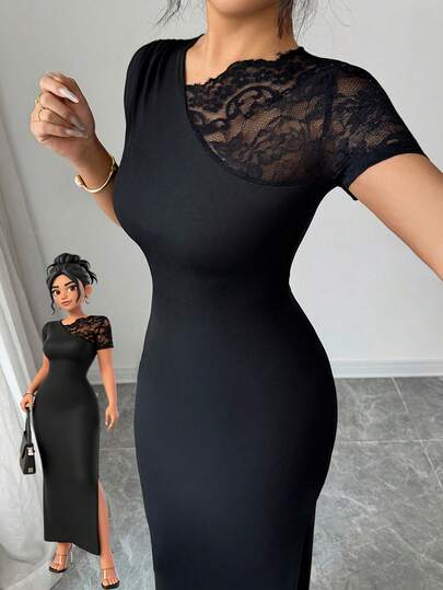 Rafferiza Elegant And Sexy Black Lace-Trimmed, Off-Shoulder, Bodycon, Fitted, Slit Black Comfortable Dress For Women. Suitable For Summer, Spring, Holidays, Parties, And More. Also Suitable For Vacations, Holidays, And Work. Features Include Stretchy Fit, Slit Hem, Long Length, Fitted Waist, Beachwear, Beach Outfits, Vacation Dresses, Party Dresses, Lace-Trimmed Dresses, Black Bodycon Dresses, And Elegant Black Dresses.Graduation Season Attire, Fashionable Casual Commuter Wear, Business Office Wear, Versatile And Stylish Everyday Casual Wear, Urban Teacher's Professional Attire