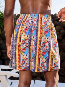 Manfinity VDAYZ Men's All-Over Print Drawstring Waist Casual Beach Shorts,Yellow Summer Boho Holiday Matching Bathing Suits For Men & Women Couple Swimwear Set - Multicolor - View 7