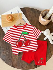 SHEIN Set de 2 piezas con parte superior de manga corta y shorts con estampado de cerezas a rayas rojas vintage, adecuado para verano, conjunto de ropa de verano linda para niña - Multicolor - Ver 2