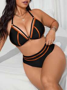 Swim SXY Plus Size 2pcs Halter Metallic Triangle Bikini Set, Classic Criss-Cross Sexy Beach Vacation Swimsuit - Black - View 4