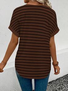SHEIN LUNE Women's V-Neck Short Sleeve Loose Striped Heart Pattern T-Shirt, Best Seller - Multicolor - View 2
