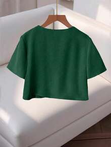 Franclia Fashionable High-End Round Neck Short Sleeve Button-Up Blouse For Women - Dark Green - View 2