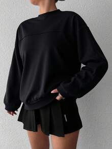 Women's Casual Green Long Sleeve Round Neck Drop Shoulder Pullover Sweatshirt, Ribbed Knit Detail - Black - View 2