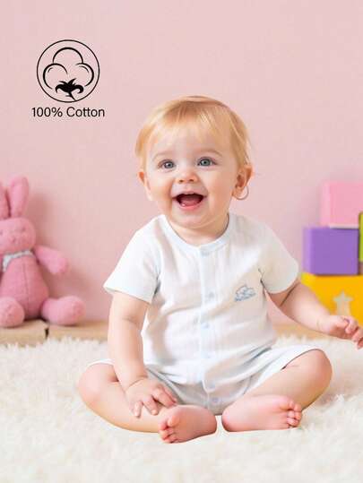 SHEIN 婴幼儿男童休闲连体衣，短袖，轻薄舒适，柔软亲肤，100%纯棉，度假风，适合夏季穿着