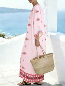 SHEIN Najma Áo choàng dài tay cánh dơi cổ chữ V phối họa tiết vỏ sò in kỹ thuật số, kiểu dáng rộng rãi cho nữ, họa tiết hoa lá, thích hợp cho mùa xuân/hè. - Nhiều màu - Xem 7