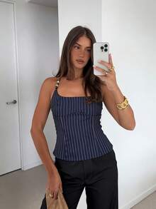 Siren Gaze Women's Casual Striped Print Halter Neck Top Women's Vintage Thin Striped Halter Top  Women's Vintage Thin Striped Halter Top | Slim Fit With Tailored Cut, Square Neck Design, Flattering For Vacation And Work, Versatile Tank Top Beaded Tops Beaded Halter Neck Striped Top Tube Top Halter Neck Top  Women's Vacation Striped Front Tie Sexy Halter Neck Camisole Women's Summer Solid Front Tie Halter Neck Crop Top Y2K Omen's Summer Stripe Single-Breasted Halter Neck Camisole Women's Casual Striped Halter Neck Tie Back Tank Top Graphic Tees Women Tops Striped Drawstring Tie Sexy Halter Neck Backless Tank Top For Women Halter Deep V-Neck Cinched Waist A-Line Backless Camisole Navy Blue Halter Tank Top Neck Sleeveless Backless Tank Tops Plaid Tie-Up Crop Vest Summer Shirts Streetwear Fashionable Versatile All-Match Beach Holiday, Spring/Summer,Summer Top - Royal Blue - View 2