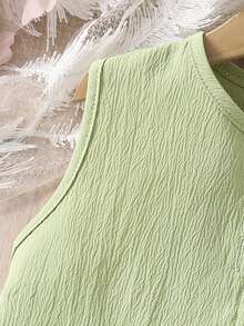 SHEIN 三件套：牛油果绿纹理编织背心外套、配套百褶裙和吊带背心，适合幼儿女童，休闲优雅通勤风格，春夏款 - 橄欖綠 - 查看 5