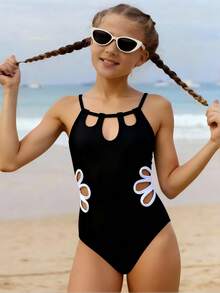 Tween Girls' Summer Vacation Beach Hollow Out Halter One-Piece Swimsuit Swimwear For Girls Bathing Suit For Girls Bathing Suit For Tweens Swimsuit For Kids Girl - Black - View 1