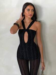 Glamine 女士亮片吊带镂空连体裤，时尚无袖修身连体裤，适合夜店狂欢；优雅女士黑色露背连体裤，带亮片细节；别致无袖镂空紧身衣，适合派对晚宴；时尚女士纯色无袖连体裤，带闪亮装饰，修身长裤连体裤，适合特殊场合；女士亮片吊带镂空连体裤，时尚无袖修身连体裤，适合夜店狂欢 - 黑色 - 查看 5