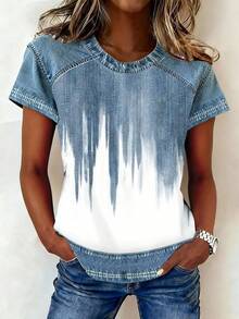 EMERY ROSE Women's All-Over Print Round Neck Casual Versatile Short Sleeve T-Shirt - Multicolor - View 3