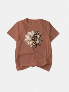 EMERY ROSE Camiseta de manga corta con cuello redondo y estampado de girasol y leopardo para mujer talla grande - Marrón - Ver 3