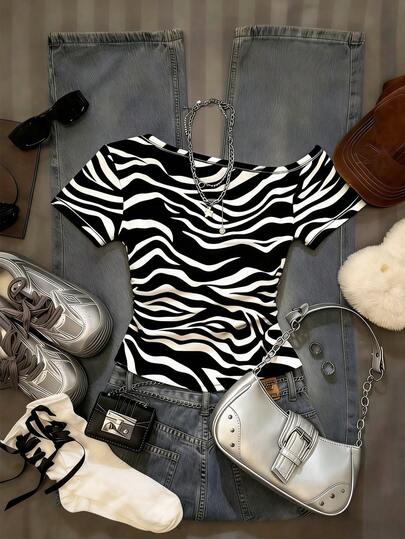 Glimmora 女士夏季时尚不对称领斑马纹T恤