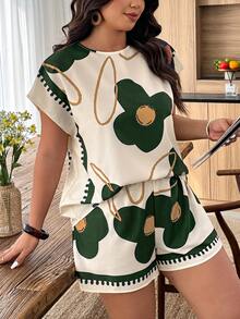 SHEIN VCAY 大码女式休闲印花宽松短裤套装，春夏款 - 彩色 - 查看 6