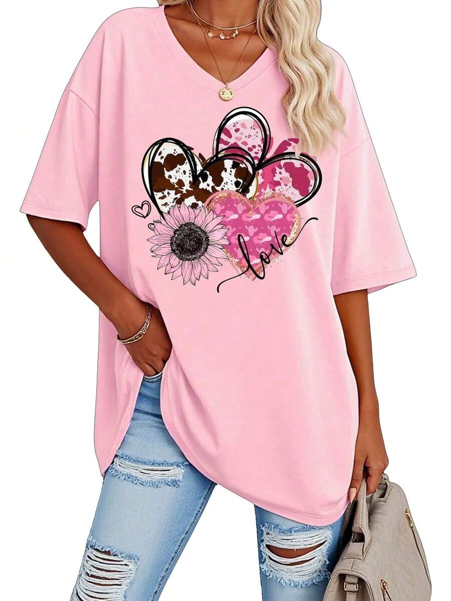 EMERY ROSE Áo thun cổ chữ V dáng rộng, thoải mái, thời trang mùa hè dành cho nữ, họa tiết trái tim và hoa hướng dương. - Hồng - Xem 1