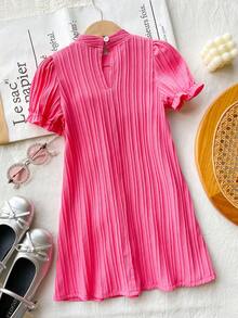 Genkimix Kids Young Girls Summer New Arrival Bow Puff Sleeve A-Line Dress - Stylish & Elegant Princess Casual Holiday Outfit - Hot Pink - View 2