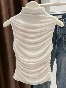 Resyla 优雅休闲夏季网纱透视性感女式T恤，白色上衣 - 杏色 - 查看 2