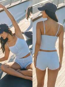 Fluxe Conjunto de 2 piezas de ropa deportiva con camiseta de tirantes con encaje y shorts para mujer - Celeste - Ver 5