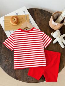 SHEIN Set de 2 piezas con parte superior de manga corta y shorts con estampado de cerezas a rayas rojas vintage, adecuado para verano, conjunto de ropa de verano linda para niña - Multicolor - Ver 3