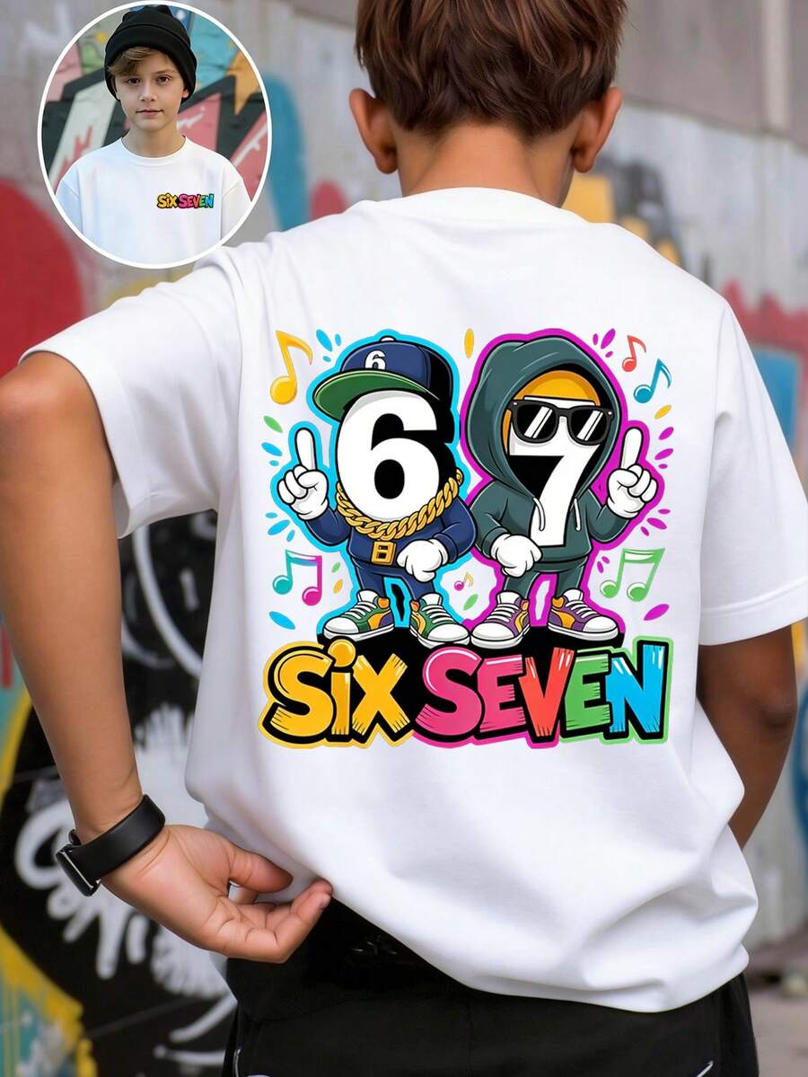 SHEIN Explorewe 男童春夏休闲时尚创意个性清新简约时尚数字67卡通酷炫图像音乐符号彩色字母标语印花舒适基础款短袖T恤,适合春、夏、秋季男童日常穿着。 - 白色 - 查看 1