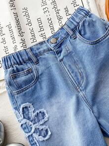 SHEIN Genkimix Kids 少女休闲牛仔短裤，新款上市，彩色星星刺绣，蓝色水洗流苏边 - 藍色 - 查看 3