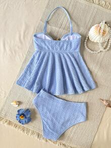 Teen Girls Blue Solid Color Jacquard Metallic Starfish Decor Spaghetti Strap Ruffled A-Line Bikini Set, Vacation Beach - Blue - View 2
