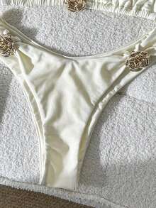 Swim Chiccia Women's Solid Color Halter Neck Floral Metal Jewelry Bikini Set, Spring/Summer - Beige - View 5